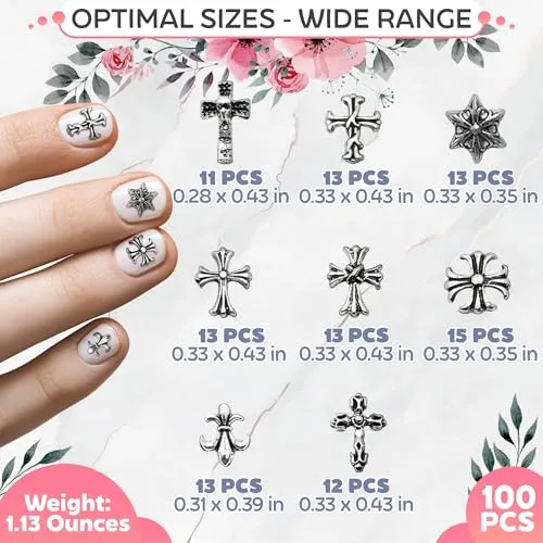 100 Pcs Silver Cross Nail Charms for Nails Design - Nail Charms Y2K Cross Charms for Nails Nail Gems Silver Nail Charms and Gems Y2K 3D Nail Charms - Nail Art Charms Nails With Charms Cross Nail Charm