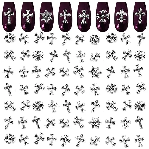 100 Pcs Silver Cross Nail Charms for Nails Design - Nail Charms Y2K Cross Charms for Nails Nail Gems Silver Nail Charms and Gems Y2K 3D Nail Charms - Nail Art Charms Nails With Charms Cross Nail Charm