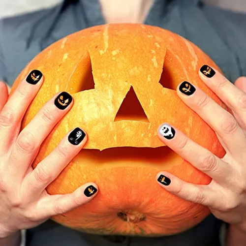 12 Sheets Halloween Full Nail Wraps Stickers, Nail Polish Strips DIY Self-Adhesive Nail Art Decals Pumpkin Bat Ghost Spider Skull Pattern with 2 Piece Nail Files for Party Decor (168 Pieces)