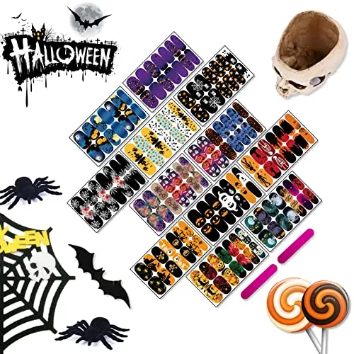12 Sheets Halloween Full Nail Wraps Stickers, Nail Polish Strips DIY Self-Adhesive Nail Art Decals Pumpkin Bat Ghost Spider Skull Pattern with 2 Piece Nail Files for Party Decor (168 Pieces)