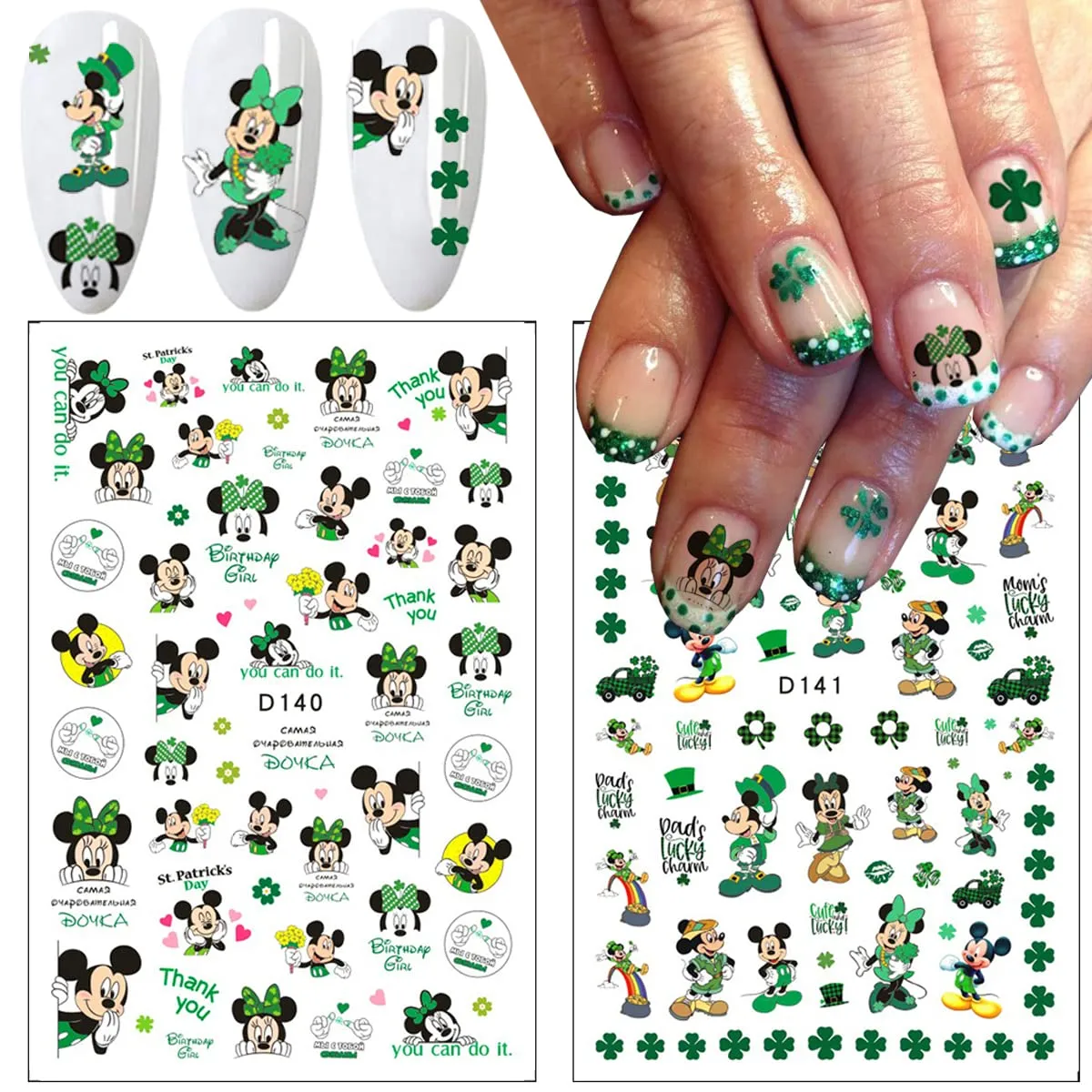 12 Sheets St Patrick’s Day Nail Art Stickers Decal 3D Cute Cartoon Nail Decals Nail Art Supplies Shamrock Clover Irish Cartoon Characters Nail Design DIY Nail Decoration for Women Kids Girls