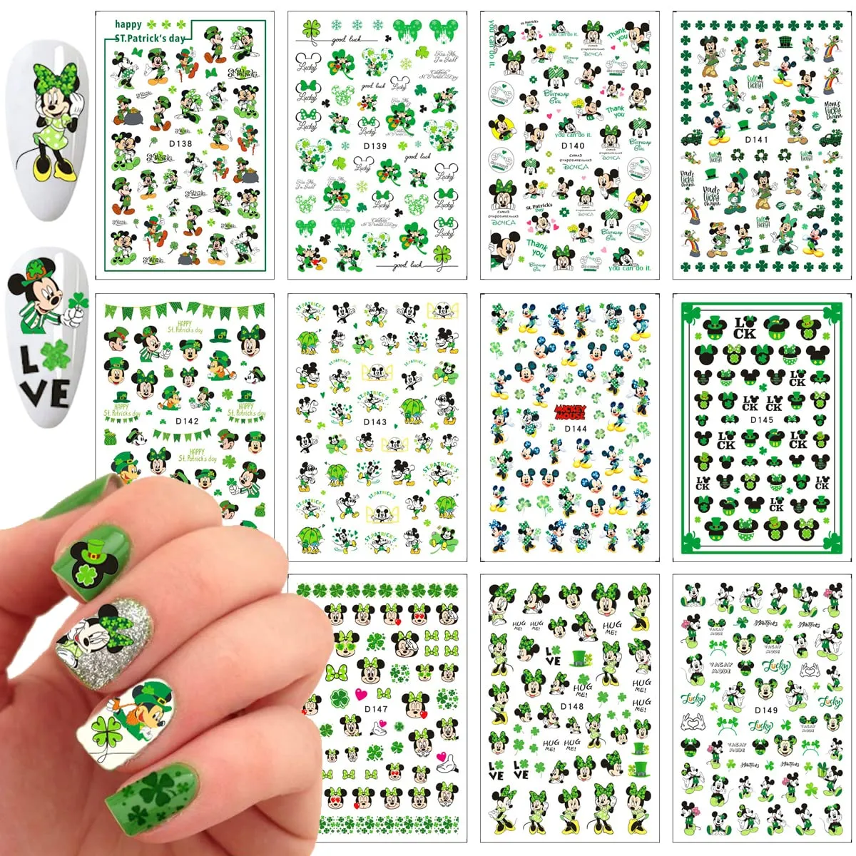 12 Sheets St Patrick’s Day Nail Art Stickers Decal 3D Cute Cartoon Nail Decals Nail Art Supplies Shamrock Clover Irish Cartoon Characters Nail Design DIY Nail Decoration for Women Kids Girls