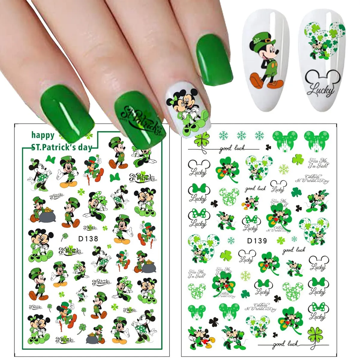 12 Sheets St Patrick’s Day Nail Art Stickers Decal 3D Cute Cartoon Nail Decals Nail Art Supplies Shamrock Clover Irish Cartoon Characters Nail Design DIY Nail Decoration for Women Kids Girls