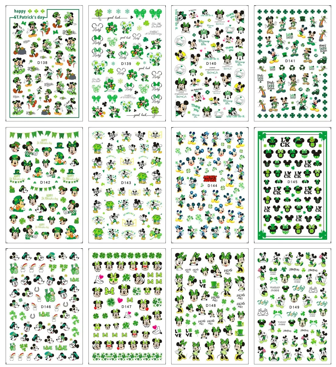 12 Sheets St Patrick’s Day Nail Art Stickers Decal 3D Cute Cartoon Nail Decals Nail Art Supplies Shamrock Clover Irish Cartoon Characters Nail Design DIY Nail Decoration for Women Kids Girls
