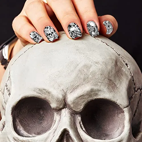 14 Sheets Halloween Nail Wraps Full Stickers Gothic Nail Polish Strips DIY Self-Adhesive Nail Art Decals Ghost Skull Demon Pattern with 2 Piece Nail Files for Party Decor (196 Pieces)
