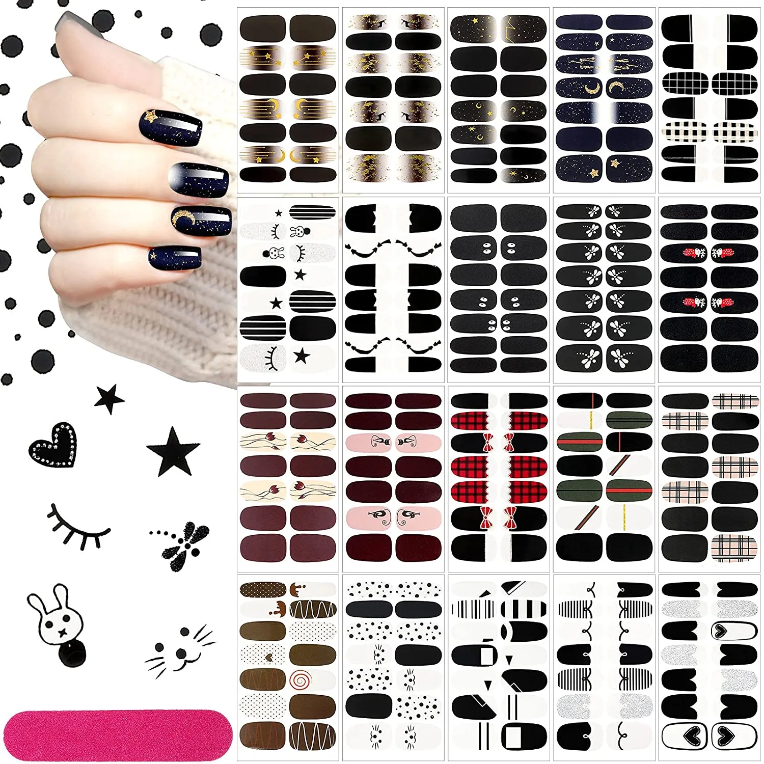 20 Sheets 280 Pieces Black Nail Wraps Self-Adhesive Full Cover Nail Art Decals Nail Polish Stickers False Nail Decals Manicure Stickers with 2 Pieces Nail Files for Girls Women (Chic Style)