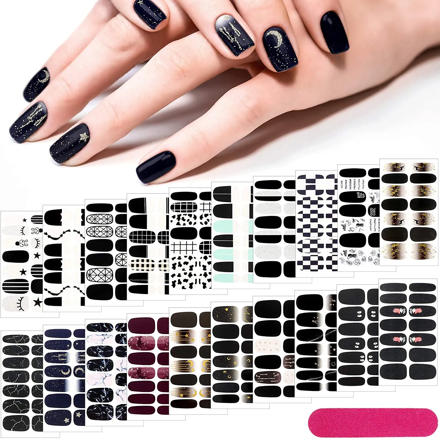 20 Sheets 280 Pieces Black Nail Wraps Self-Adhesive Full Cover Nail Art Decals Nail Polish Stickers False Nail Decals Manicure Stickers with 2 Pieces Nail Files for Girls Women (Chic Style)