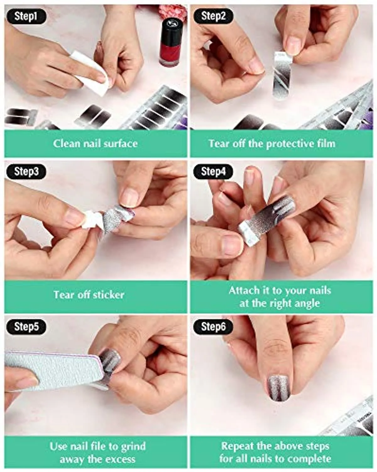 20 Sheets Gradient Nail Polish Sticker Glitter Nail Full Wraps Self-Adhesive Nail Art Decals with Nail File for Women False Nail Design Manicure Decorations