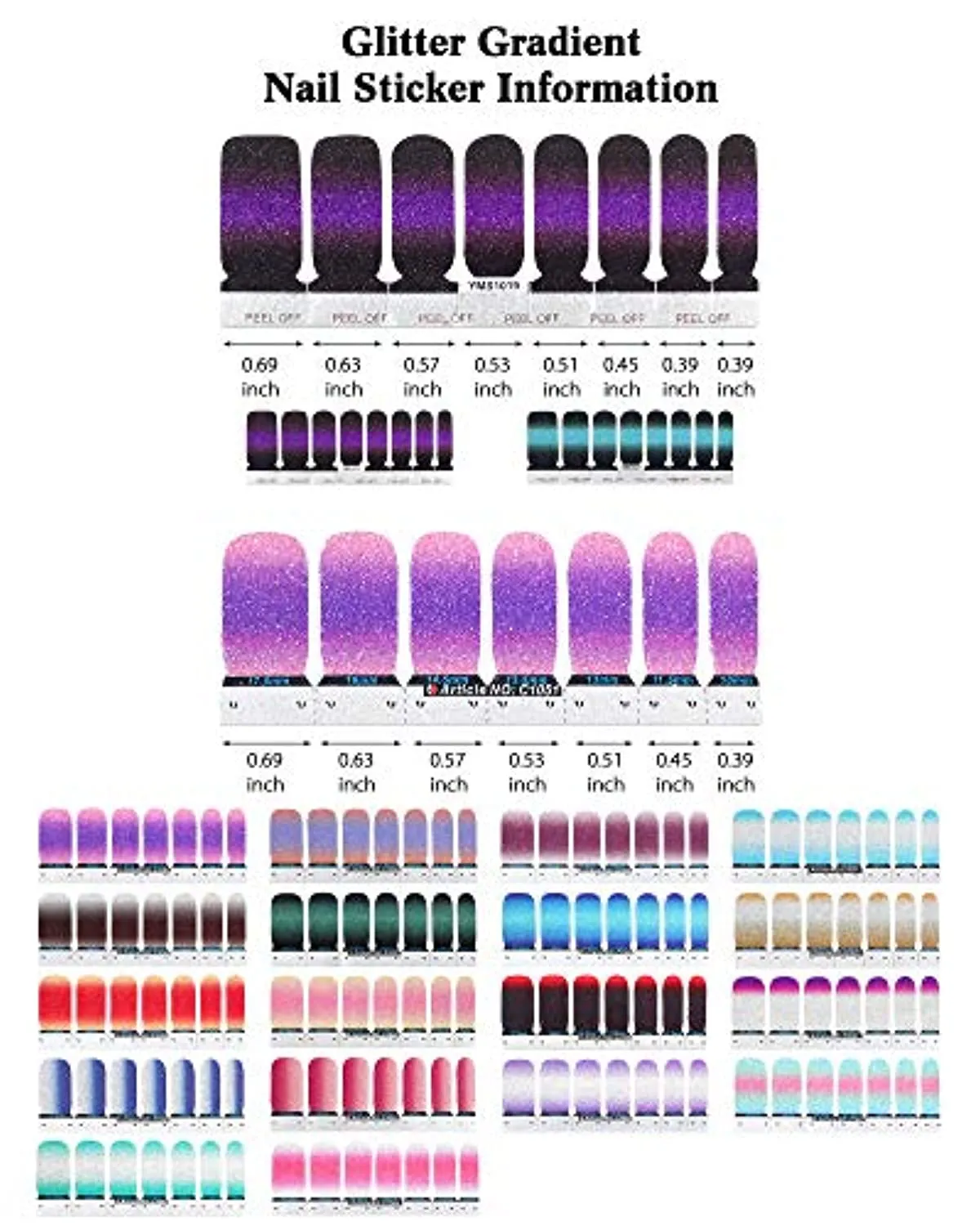 20 Sheets Gradient Nail Polish Sticker Glitter Nail Full Wraps Self-Adhesive Nail Art Decals with Nail File for Women False Nail Design Manicure Decorations