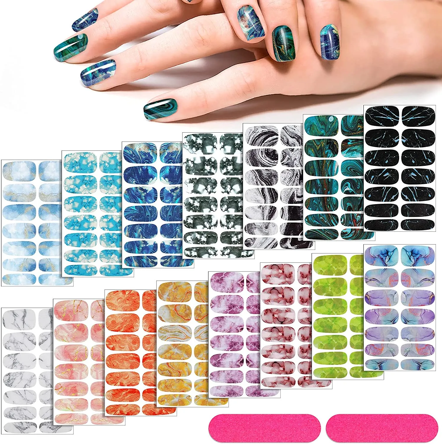 210 Pieces 15 Sheets Gradient Marble Full Nail Stickers Assorted Printed Full Wrap Nail Stickers Self-Adhesive Nail Decals with 2 Pieces Glass Nail Files for Women Girls Nail Art (Fresh Chic Style)