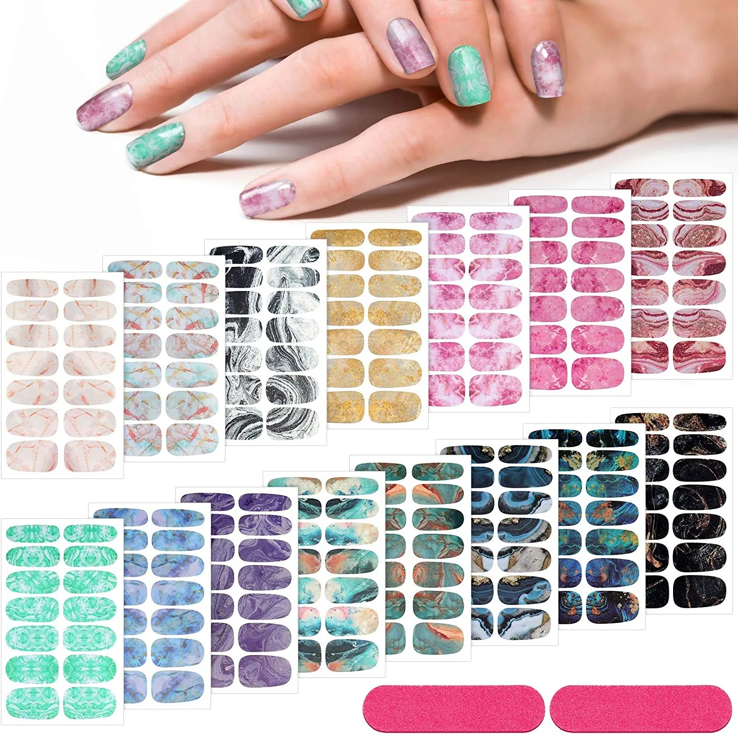 210 Pieces 15 Sheets Gradient Marble Full Nail Stickers Assorted Printed Full Wrap Nail Stickers Self-Adhesive Nail Decals with 2 Pieces Glass Nail Files for Women Girls Nail Art (Fresh Chic Style)