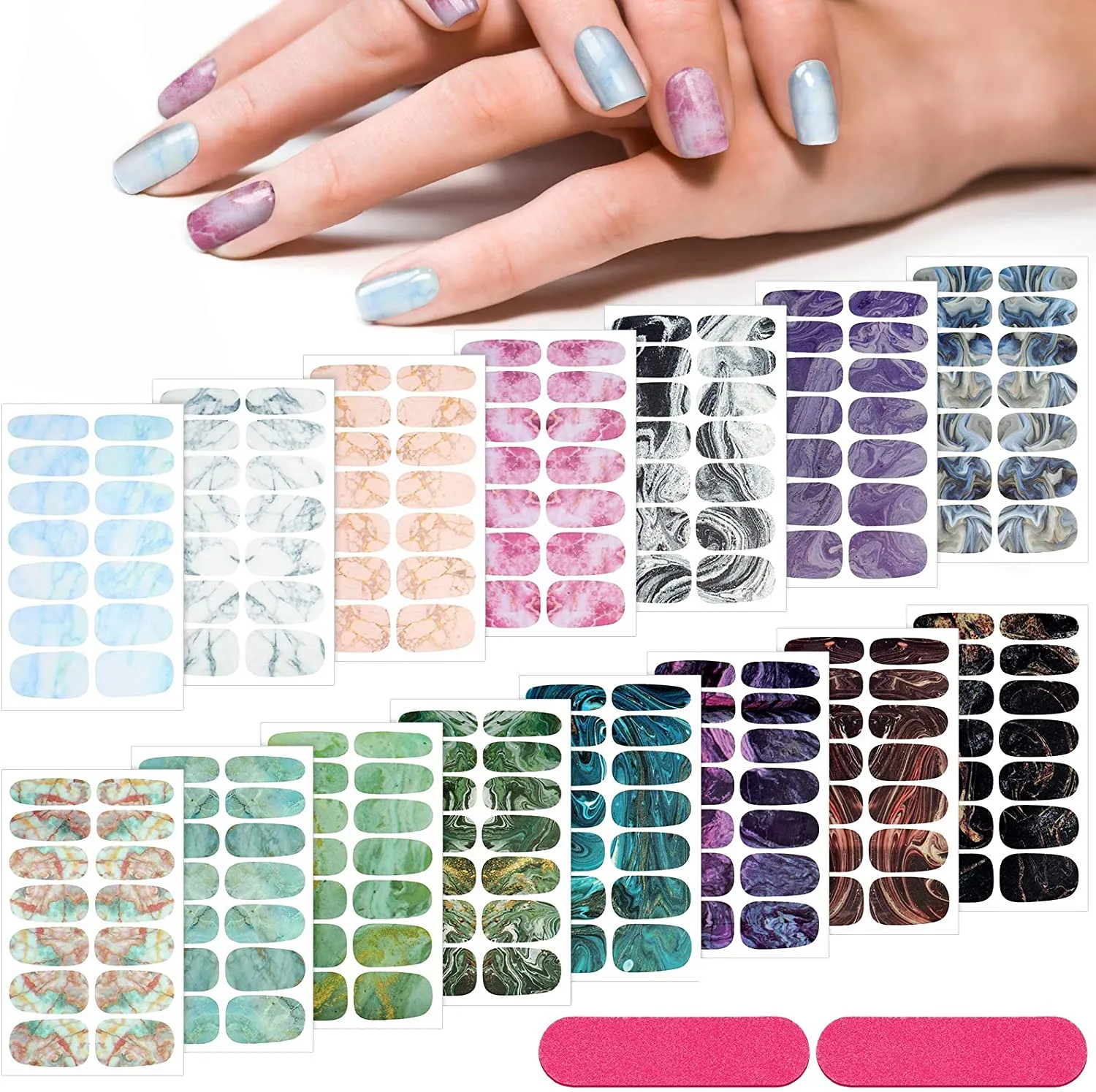 210 Pieces 15 Sheets Gradient Marble Full Nail Stickers Assorted Printed Full Wrap Nail Stickers Self-Adhesive Nail Decals with 2 Pieces Glass Nail Files for Women Girls Nail Art (Fresh Chic Style)