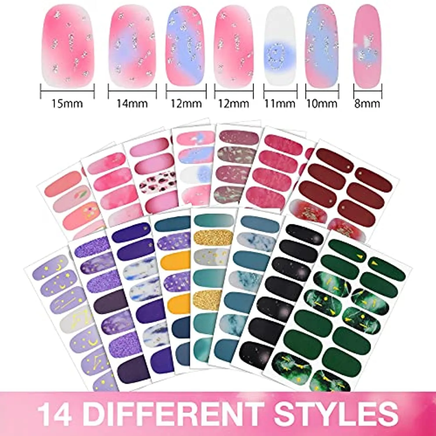 210 Pieces 15 Sheets Gradient Marble Full Nail Stickers Assorted Printed Full Wrap Nail Stickers Self-Adhesive Nail Decals with 2 Pieces Glass Nail Files for Women Girls Nail Art (Fresh Chic Style)