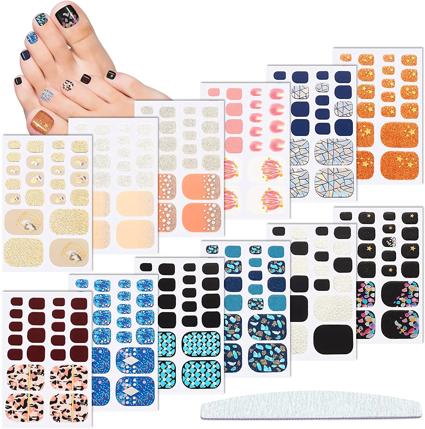 264 Pieces 12 Sheets Full Wraps Toenail Polish Stickers Mermaid Design Toenail Art Polish Stickers Strips Glitter Self-Adhesive Toenail Art Decals with Nail File for Women Girls (Chic Style)