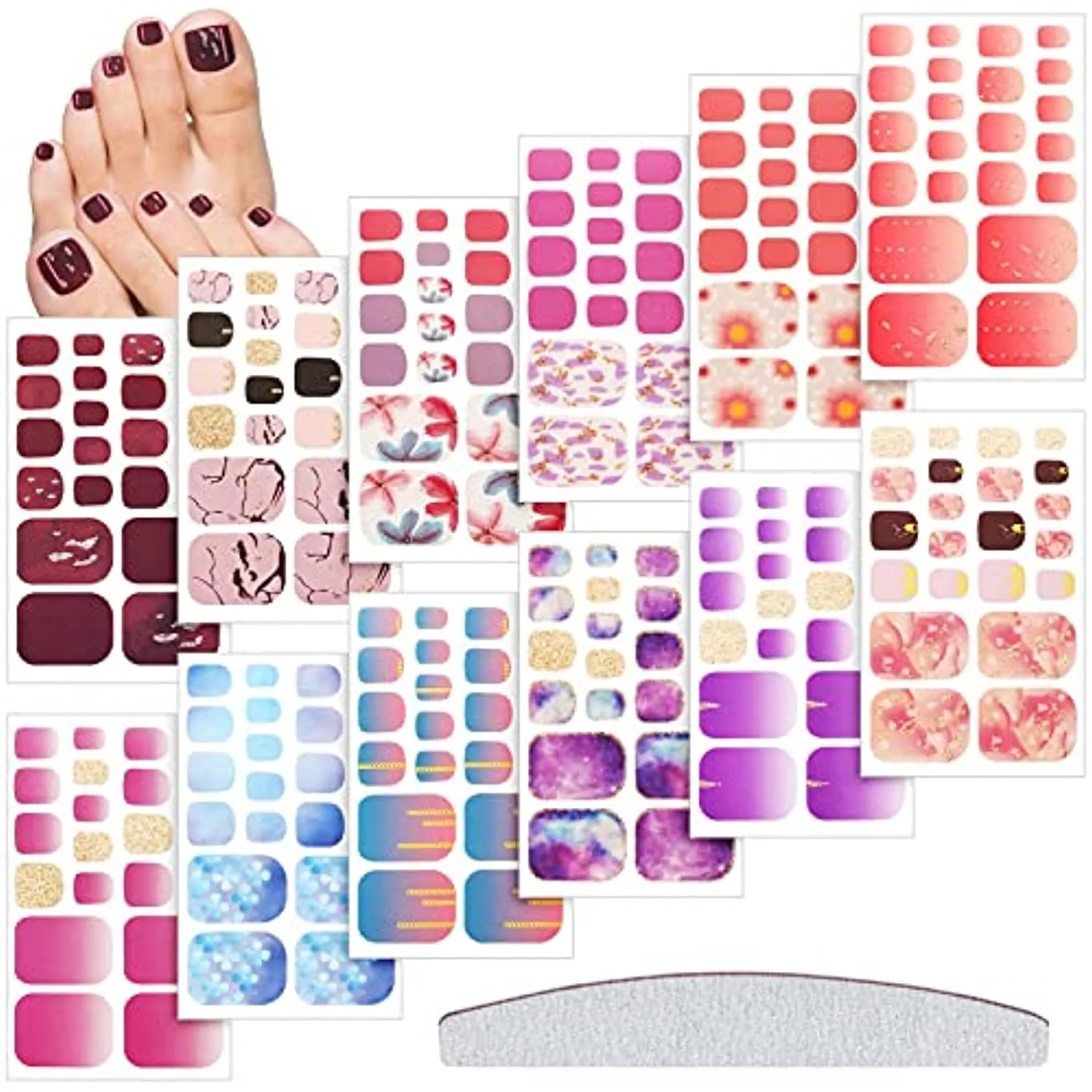 264 Pieces 12 Sheets Full Wraps Toenail Polish Stickers Mermaid Design Toenail Art Polish Stickers Strips Glitter Self-Adhesive Toenail Art Decals with Nail File for Women Girls (Chic Style)