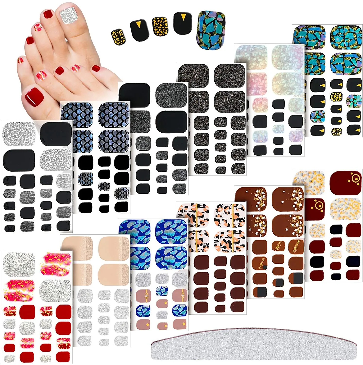 264 Pieces 12 Sheets Full Wraps Toenail Polish Stickers Mermaid Design Toenail Art Polish Stickers Strips Glitter Self-Adhesive Toenail Art Decals with Nail File for Women Girls (Chic Style)