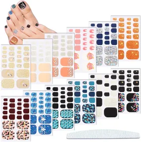 264 Pieces 12 Sheets Full Wraps Toenail Polish Stickers Mermaid Design Toenail Art Polish Stickers Strips Glitter Self-Adhesive Toenail Art Decals with Nail File for Women Girls (Chic Style)