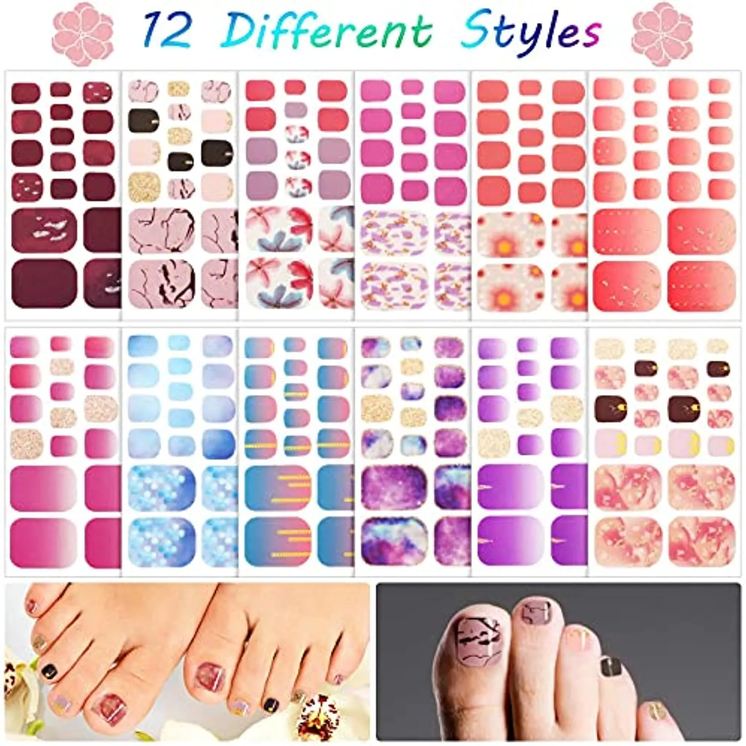 264 Pieces 12 Sheets Full Wraps Toenail Polish Stickers Mermaid Design Toenail Art Polish Stickers Strips Glitter Self-Adhesive Toenail Art Decals with Nail File for Women Girls (Chic Style)