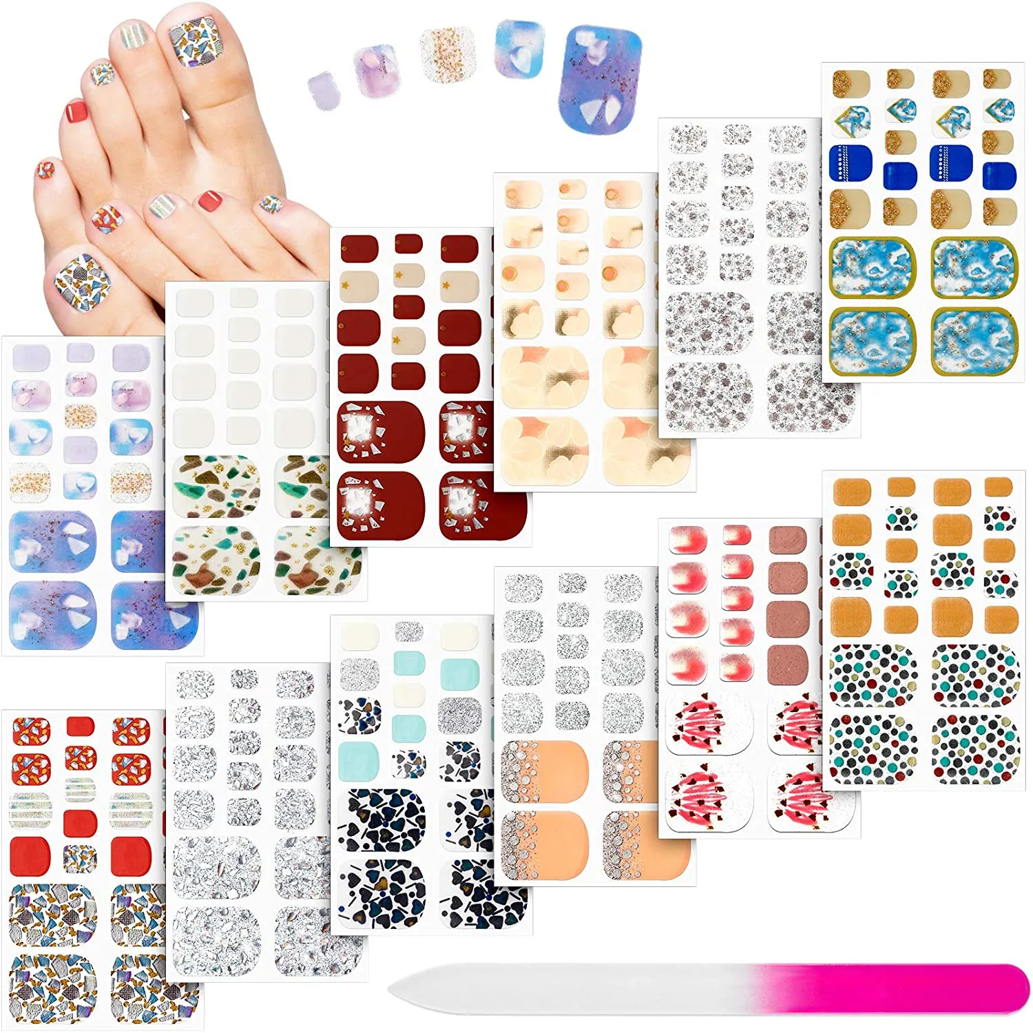 264 Pieces 12 Sheets Full Wraps Toenail Polish Stickers Mermaid Design Toenail Art Polish Stickers Strips Glitter Self-Adhesive Toenail Art Decals with Nail File for Women Girls (Chic Style)