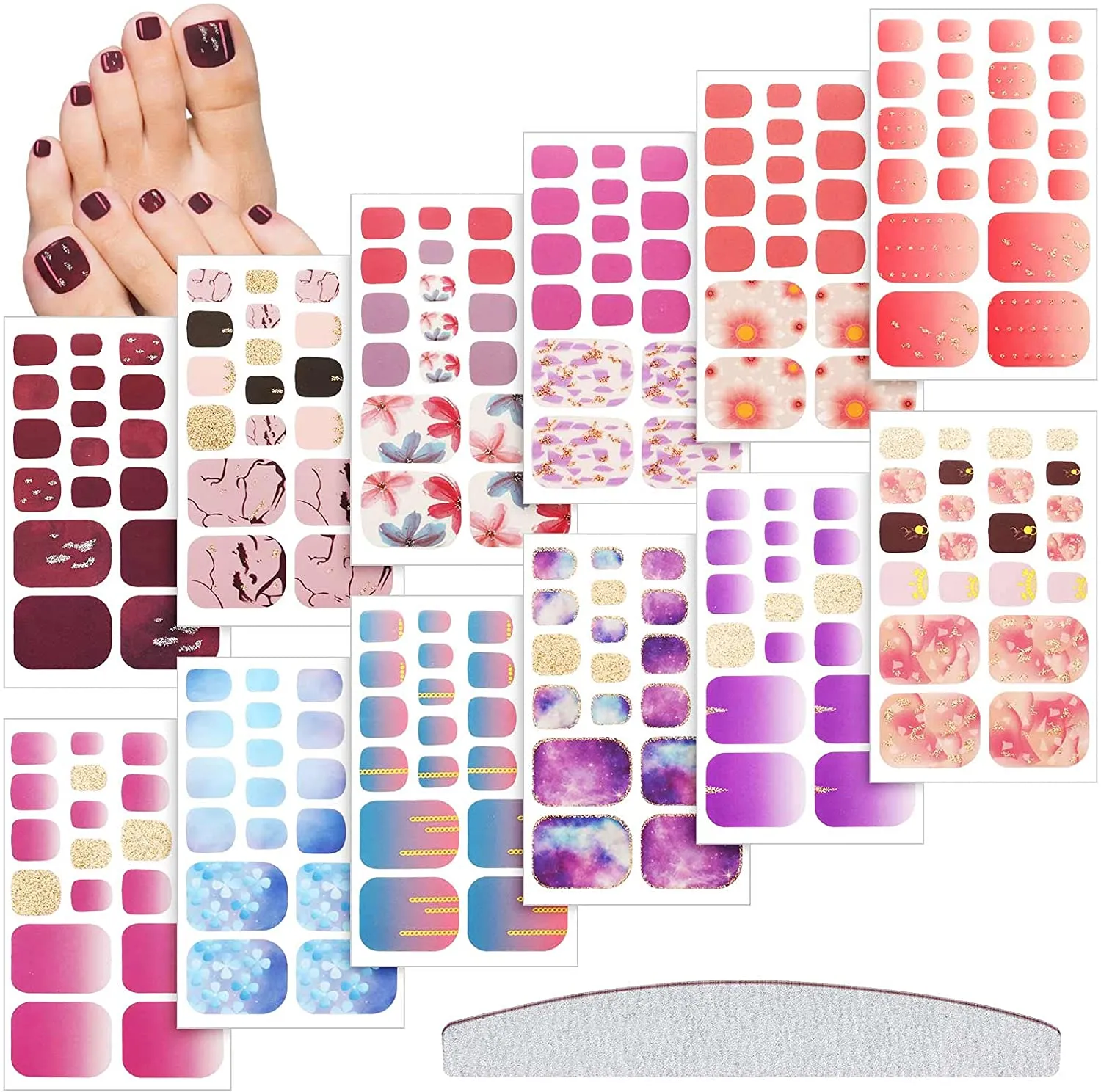 264 Pieces 12 Sheets Full Wraps Toenail Polish Stickers Mermaid Design Toenail Art Polish Stickers Strips Glitter Self-Adhesive Toenail Art Decals with Nail File for Women Girls (Chic Style)
