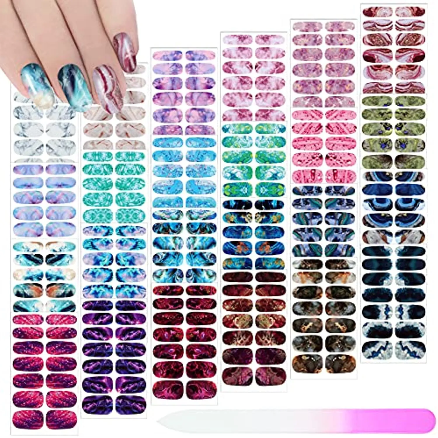 336 Pieces 24 Sheets Full Wrap Nail Polish Stickers Nail Strips Self-Adhesive Gel Nail Strips Art Decals with Nail File for Home Women Girls DIY Nail Decorations (Cool Style)