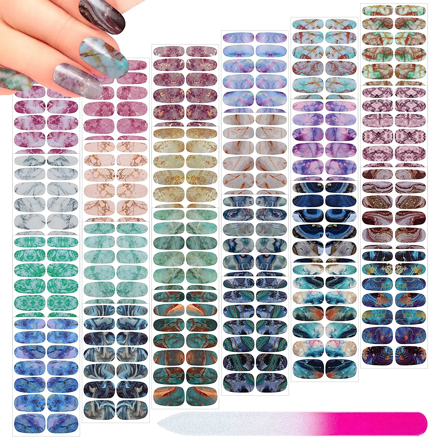 336 Pieces 24 Sheets Full Wrap Nail Polish Stickers Nail Strips Self-Adhesive Gel Nail Strips Art Decals with Nail File for Home Women Girls DIY Nail Decorations (Cool Style)