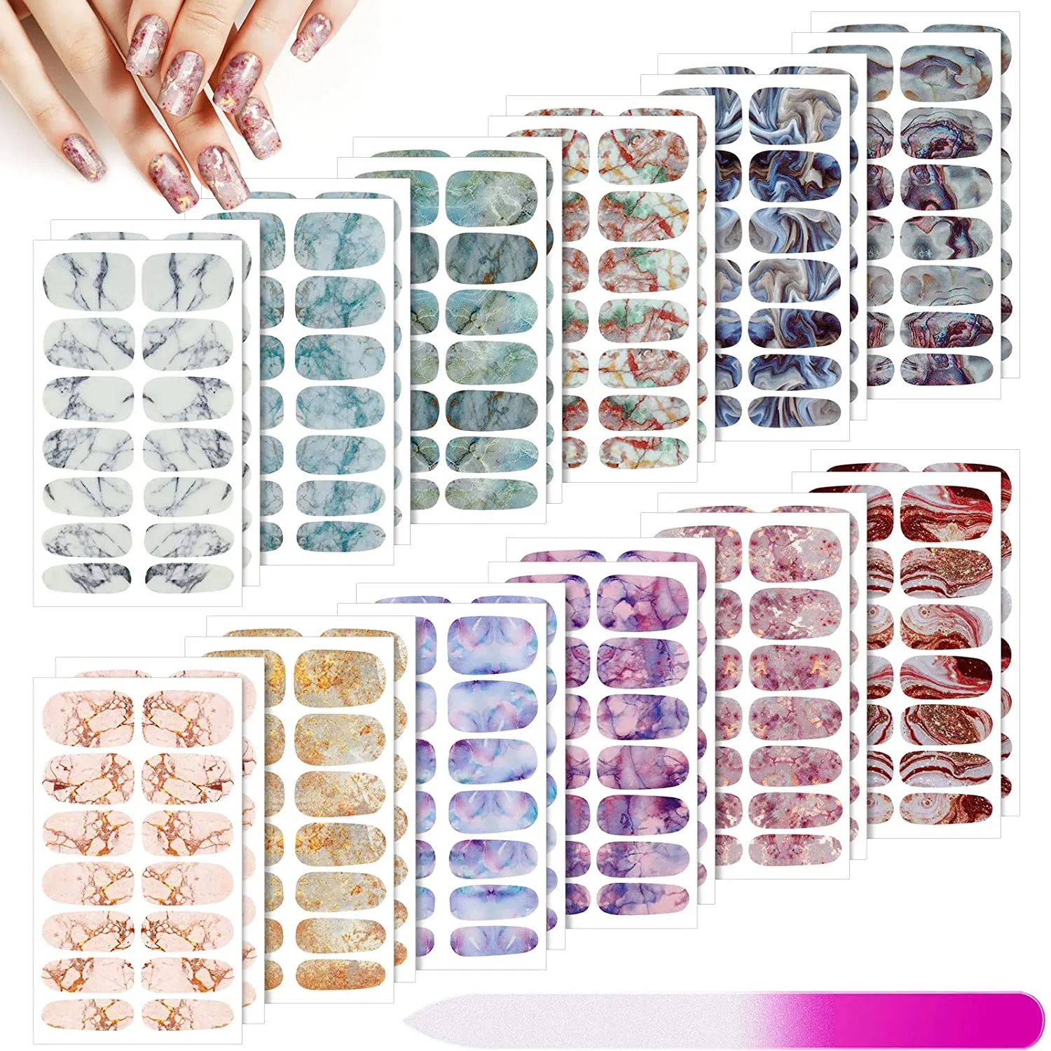 336 Pieces 24 Sheets Full Wrap Nail Polish Stickers Nail Strips Self-Adhesive Gel Nail Strips Art Decals with Nail File for Home Women Girls DIY Nail Decorations (Cool Style)
