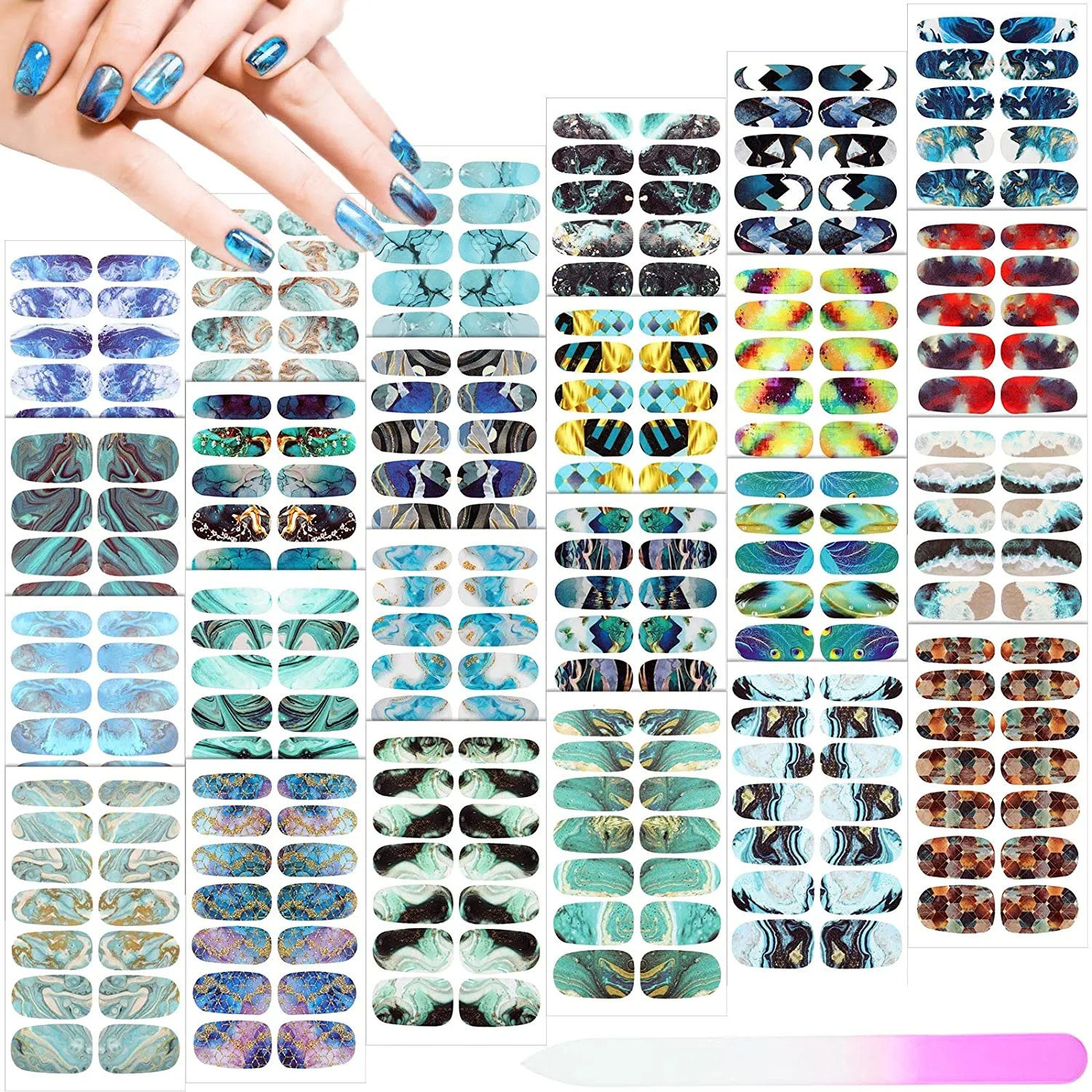 336 Pieces 24 Sheets Full Wrap Nail Polish Stickers Nail Strips Self-Adhesive Gel Nail Strips Art Decals with Nail File for Home Women Girls DIY Nail Decorations (Cool Style)