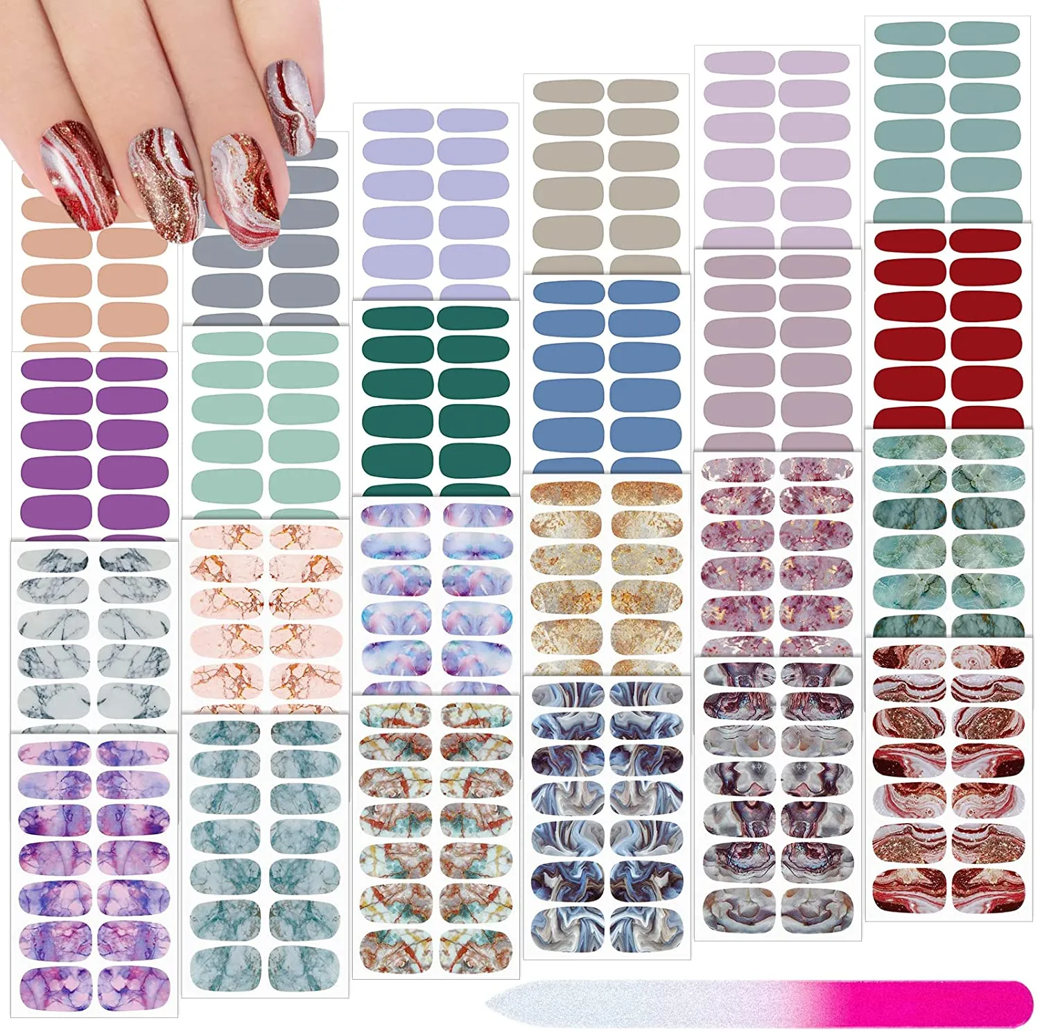 336 Pieces 24 Sheets Full Wrap Nail Polish Stickers Nail Strips Self-Adhesive Gel Nail Strips Art Decals with Nail File for Home Women Girls DIY Nail Decorations (Cool Style)