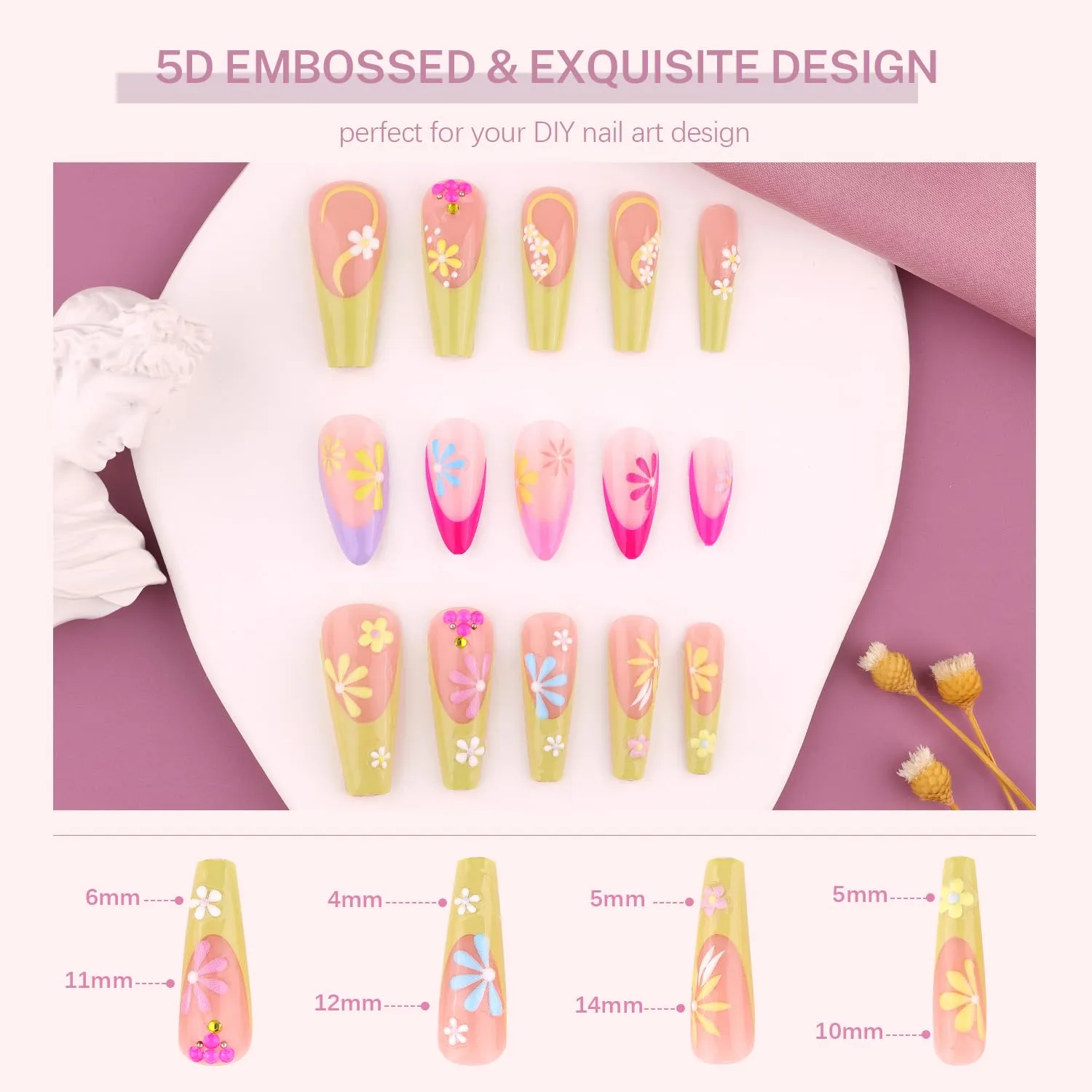 5 Sheets 5D Flower Nail Art Stickers with Tweezer Embossed Daisy White Yellow Nail Decals 3D Self Adhesive Floral Nail Supplies for French Tips Nail Design Women Girl Manicure Pegatinas Uñas
