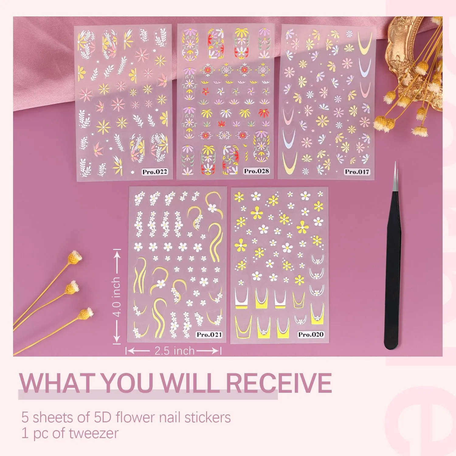5 Sheets 5D Flower Nail Art Stickers with Tweezer Embossed Daisy White Yellow Nail Decals 3D Self Adhesive Floral Nail Supplies for French Tips Nail Design Women Girl Manicure Pegatinas Uñas