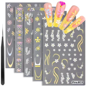 5 Sheets 5D Flower Nail Art Stickers with Tweezer Embossed Daisy White Yellow Nail Decals 3D Self Adhesive Floral Nail Supplies for French Tips Nail Design Women Girl Manicure Pegatinas Uñas