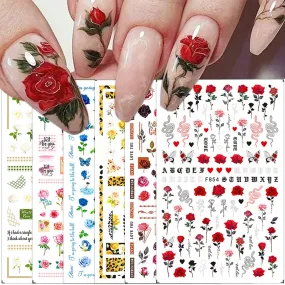 6 Sheets Flower Nail Art Stickers, Spring Rose Nail Decals 3D Self Adhesive Design Charm Acrylic Nail Art Supplies Rose Floral Butterfly Nail Stickers for Women Girls DIY Decoration Manicure Tips