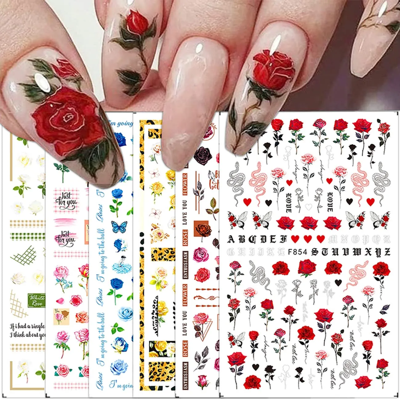 6 Sheets Flower Nail Art Stickers, Spring Rose Nail Decals 3D Self Adhesive Design Charm Acrylic Nail Art Supplies Rose Floral Butterfly Nail Stickers for Women Girls DIY Decoration Manicure Tips