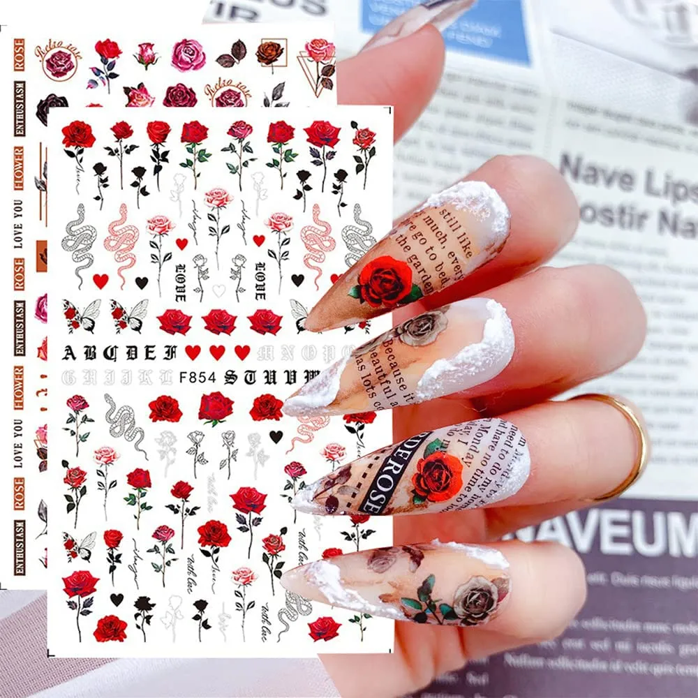 6 Sheets Flower Nail Art Stickers, Spring Rose Nail Decals 3D Self Adhesive Design Charm Acrylic Nail Art Supplies Rose Floral Butterfly Nail Stickers for Women Girls DIY Decoration Manicure Tips
