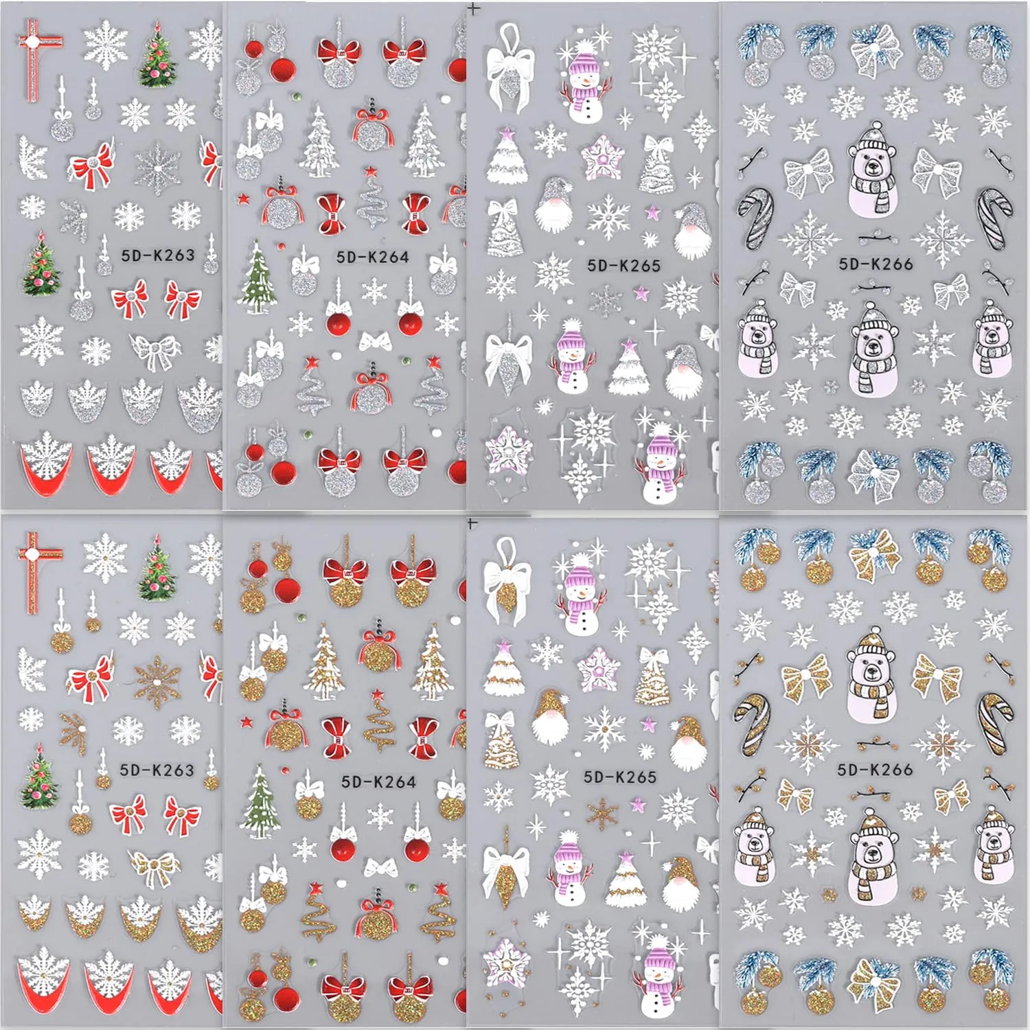8 Sheets Christmas 5D Nail Art Stickers Decals Embossed Self-Adhesive Nail Art Decals Snowflake French Tip Nail Stickers Snowman Xmas Tree Nail Decals for Women Holiday Manicure Decoration