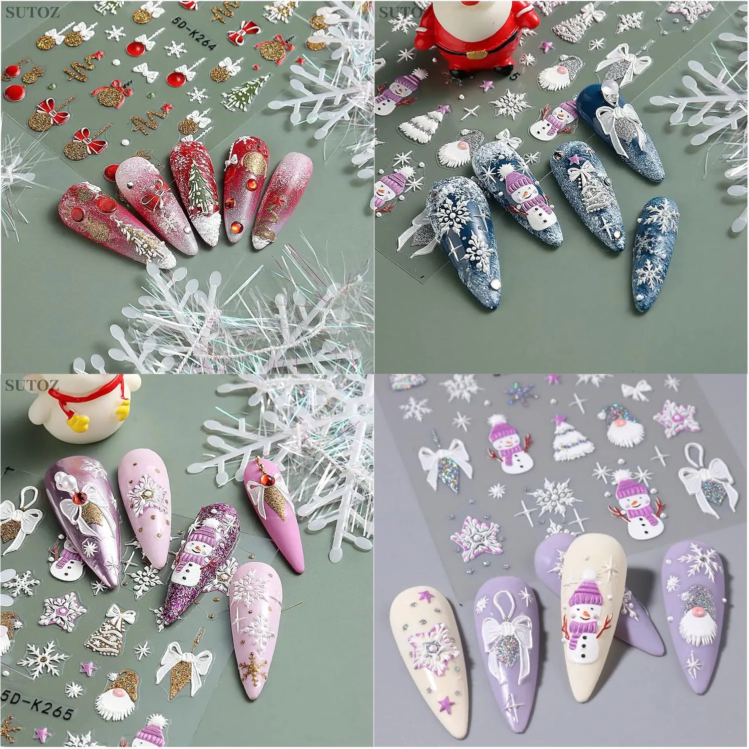 8 Sheets Christmas 5D Nail Art Stickers Decals Embossed Self-Adhesive Nail Art Decals Snowflake French Tip Nail Stickers Snowman Xmas Tree Nail Decals for Women Holiday Manicure Decoration