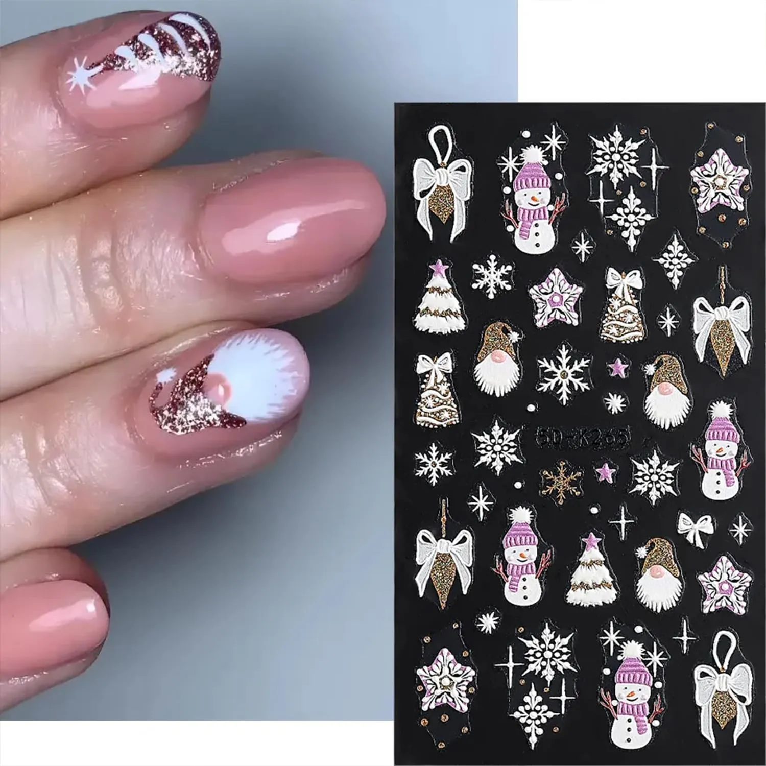 8 Sheets Christmas 5D Nail Art Stickers Decals Embossed Self-Adhesive Nail Art Decals Snowflake French Tip Nail Stickers Snowman Xmas Tree Nail Decals for Women Holiday Manicure Decoration
