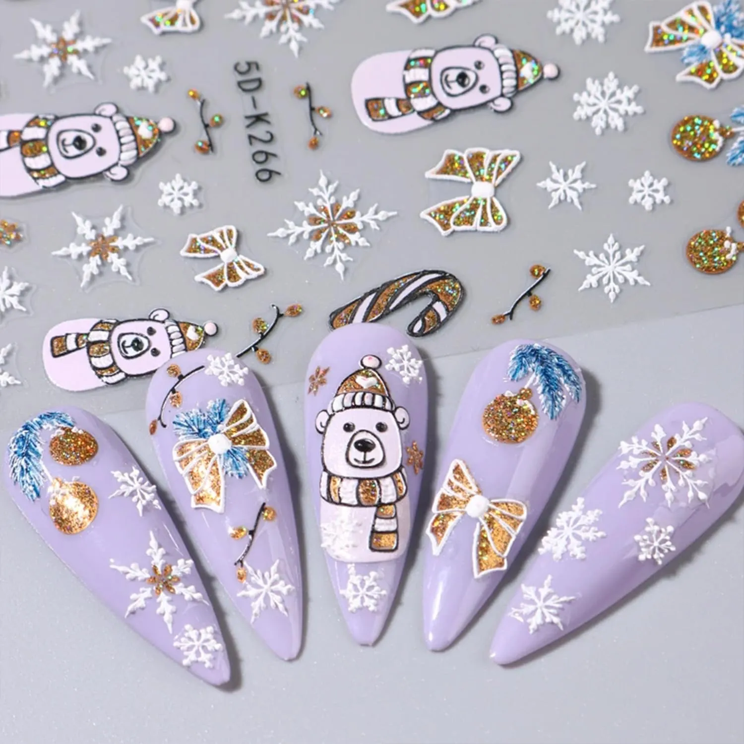 8 Sheets Christmas 5D Nail Art Stickers Decals Embossed Self-Adhesive Nail Art Decals Snowflake French Tip Nail Stickers Snowman Xmas Tree Nail Decals for Women Holiday Manicure Decoration