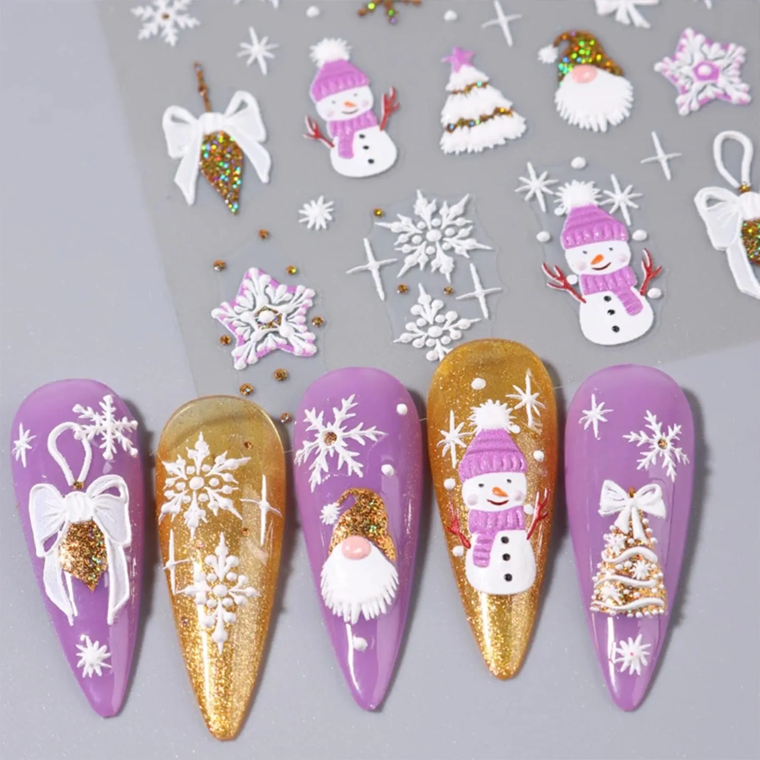 8 Sheets Christmas 5D Nail Art Stickers Decals Embossed Self-Adhesive Nail Art Decals Snowflake French Tip Nail Stickers Snowman Xmas Tree Nail Decals for Women Holiday Manicure Decoration