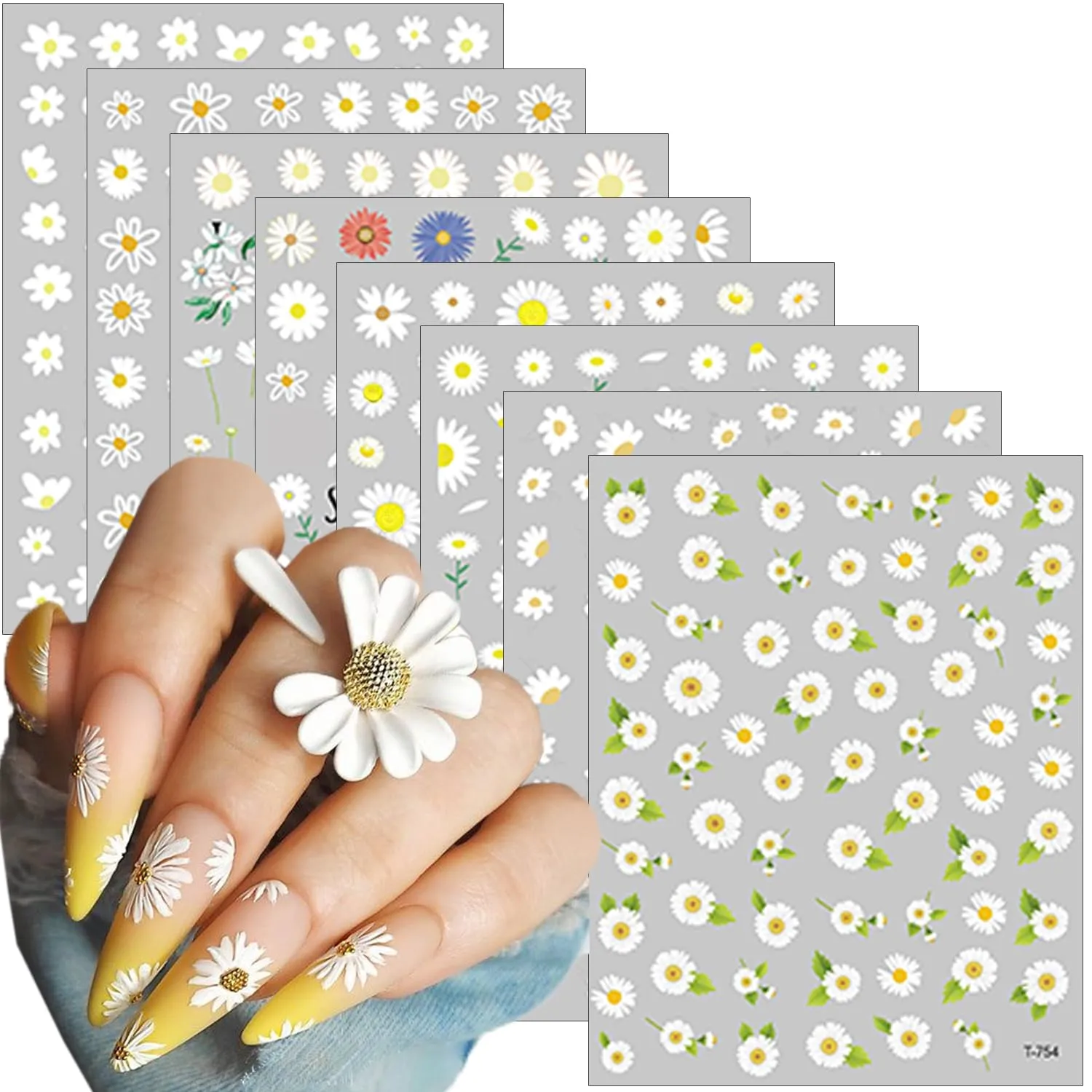8 Sheets Flower Nail Art Stickers Decals 3D Self-Adhesive Daisy Nail Art Supplies Spring Summer Nail Decals Vitality Sunflower White Floral Nail Stickers Designs for Women Girls DIY Manicure Charms