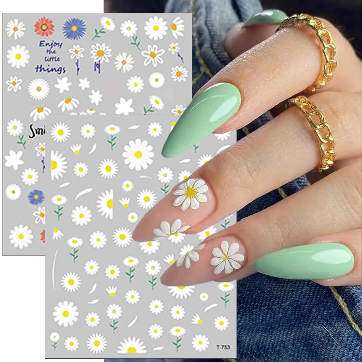 8 Sheets Flower Nail Art Stickers Decals 3D Self-Adhesive Daisy Nail Art Supplies Spring Summer Nail Decals Vitality Sunflower White Floral Nail Stickers Designs for Women Girls DIY Manicure Charms