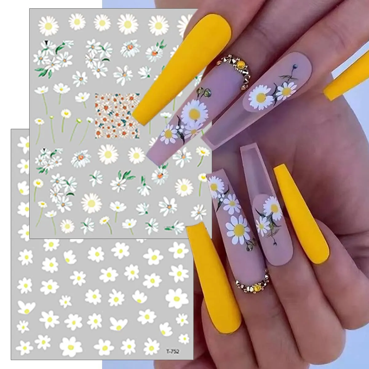 8 Sheets Flower Nail Art Stickers Decals 3D Self-Adhesive Daisy Nail Art Supplies Spring Summer Nail Decals Vitality Sunflower White Floral Nail Stickers Designs for Women Girls DIY Manicure Charms