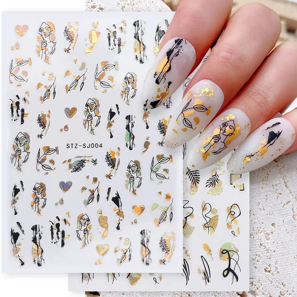 9 Sheets Gold Nail Art Stickers,Abstract Line Geometry French Manicure Decals 3D Self-Adhesive Summer Bronzing Leopard Print Black Gold Leaves Flower Graffiti Fun Nails Design for Nail Art Decoration