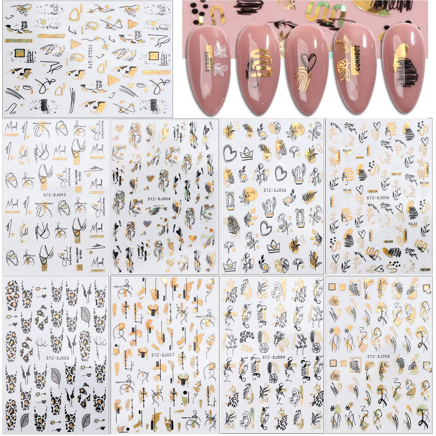 9 Sheets Gold Nail Art Stickers,Abstract Line Geometry French Manicure Decals 3D Self-Adhesive Summer Bronzing Leopard Print Black Gold Leaves Flower Graffiti Fun Nails Design for Nail Art Decoration
