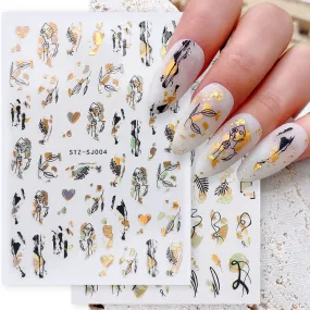 9 Sheets Gold Nail Art Stickers,Abstract Line Geometry French Manicure Decals 3D Self-Adhesive Summer Bronzing Leopard Print Black Gold Leaves Flower Graffiti Fun Nails Design for Nail Art Decoration