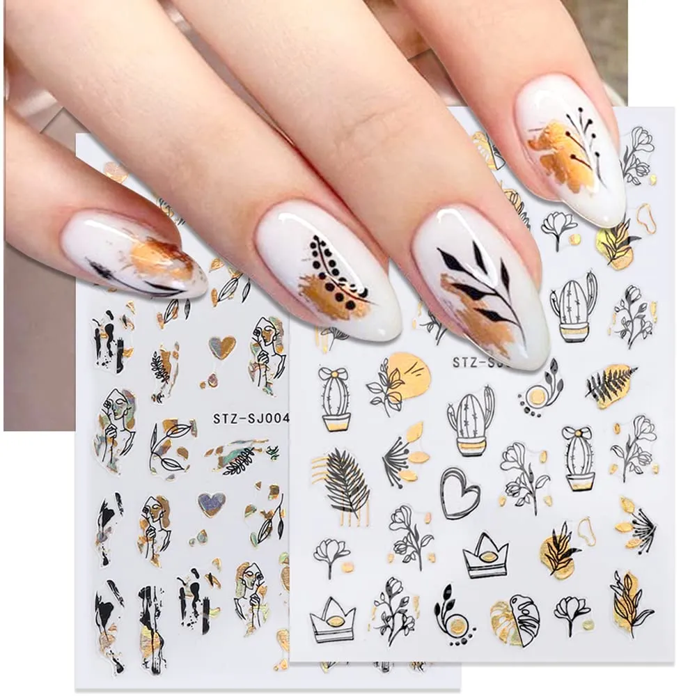 9 Sheets Gold Nail Art Stickers,Abstract Line Geometry French Manicure Decals 3D Self-Adhesive Summer Bronzing Leopard Print Black Gold Leaves Flower Graffiti Fun Nails Design for Nail Art Decoration