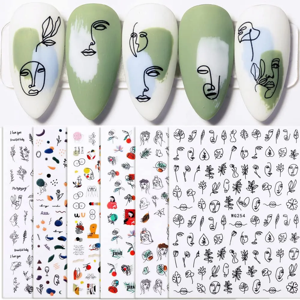 Abstract Nail Stickers for Nail Art, 6 Sheets Line Nail Decals 3D Self-Adhesive Minimalist Nail Art Stickers Abstract Lady Face Leaf Flower Nail Designs Manicure Tips Nail Decoration for Women Girls