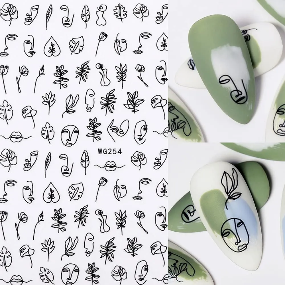 Abstract Nail Stickers for Nail Art, 6 Sheets Line Nail Decals 3D Self-Adhesive Minimalist Nail Art Stickers Abstract Lady Face Leaf Flower Nail Designs Manicure Tips Nail Decoration for Women Girls