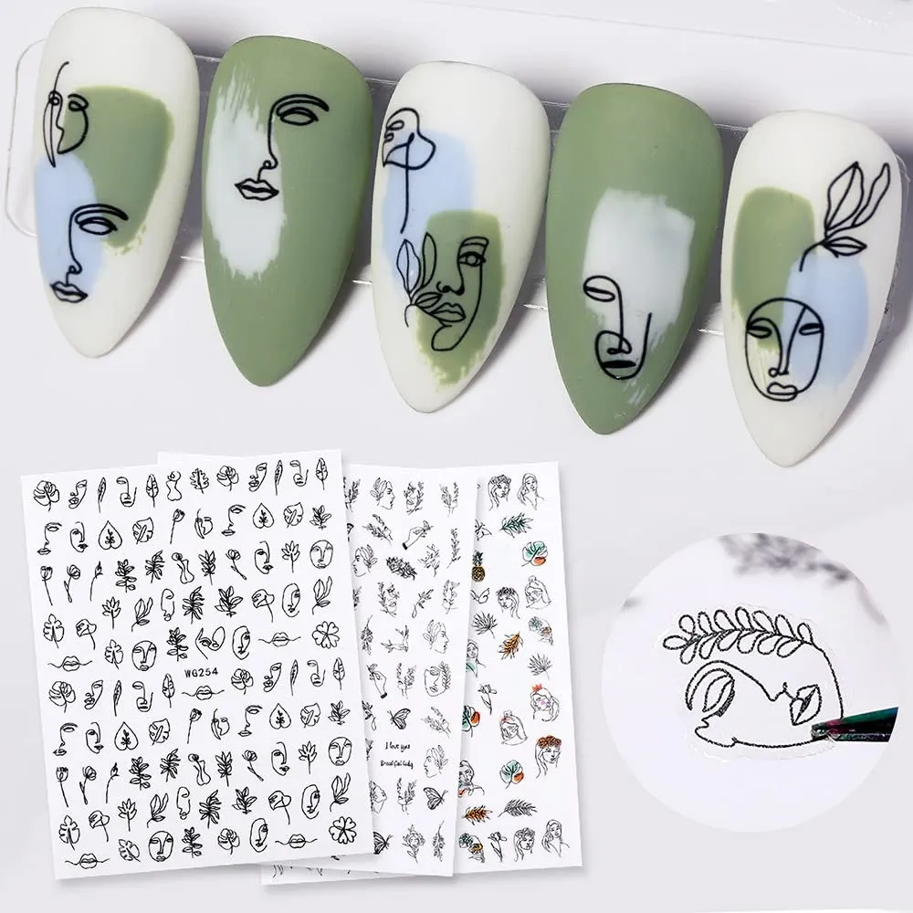 Abstract Nail Stickers for Nail Art, 6 Sheets Line Nail Decals 3D Self-Adhesive Minimalist Nail Art Stickers Abstract Lady Face Leaf Flower Nail Designs Manicure Tips Nail Decoration for Women Girls